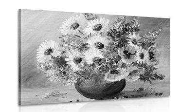 CANVAS PRINT OIL PAINTING OF SUMMER FLOWERS IN BLACK AND WHITE - BLACK AND WHITE PICTURES - PICTURES