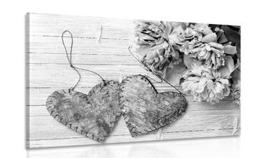 CANVAS PRINT PEONIES AND BIRCH HEARTS IN BLACK AND WHITE - BLACK AND WHITE PICTURES - PICTURES