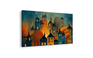 OBRAZ ZIMNÍ POHÁDKA NOČNÍHO MĚSTA - BAREVNÉ DOMY - OBRAZY