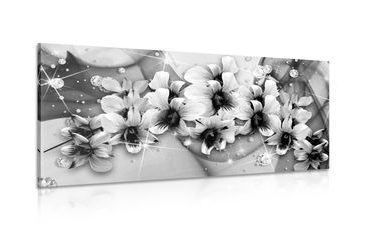 CANVAS PRINT BLACK AND WHITE FLOWERS ON AN ABSTRACT BACKGROUND - BLACK AND WHITE PICTURES - PICTURES