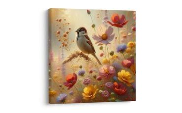 QUADRO SU TELA – UCCELLINO NELLA NATURA IN FIORE - QADRI DI UCCELLI - STAMPE E QUADRI