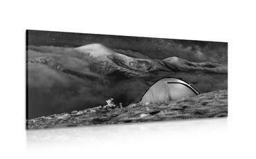 CANVAS PRINT TENT UNDER THE NIGHT SKY IN BLACK AND WHITE - BLACK AND WHITE PICTURES - PICTURES