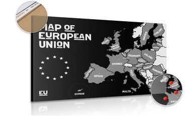 QUADRO SU SUGHERO MAPPA EDUCATIVA CON I NOMI DEI PAESI DELL'UNIONE EUROPEA IN BIANCO E NERO - QUADRI SU SUGHERO - QUADRI