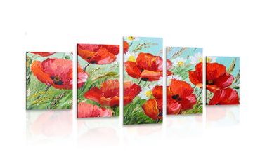5-PIECE CANVAS PRINT RED POPPIES IN A FIELD - PICTURES FLOWERS - PICTURES