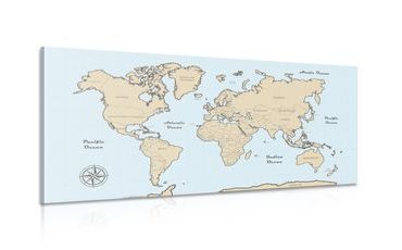 CANVAS PRINT BEIGE WORLD MAP ON A BLUE BACKGROUND - PICTURES OF MAPS - PICTURES