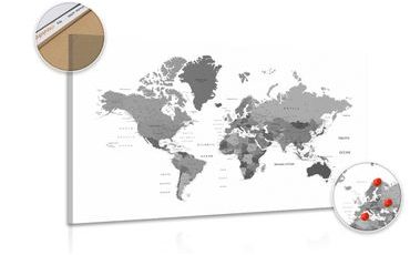 DECORATIVE PINBOARD WORLD MAP IN BLACK AND WHITE - PICTURES ON CORK - PICTURES