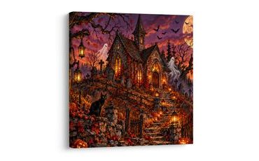 QUADRO SU TELA – CIMITERO DI HALLOWEEN PRESSO LA CAPPELLA - QUADRI HALLOWEEN E HORROR - STAMPE E QUADRI