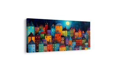 OBRAZ MĚSTO V NOČNÍM SVĚTLE - BAREVNÉ DOMY - OBRAZY