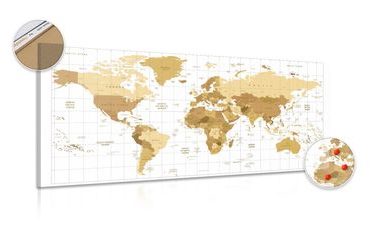 DECORATIVE PINBOARD BEIGE WORLD MAP ON A LIGHT BACKGROUND - PICTURES ON CORK - PICTURES