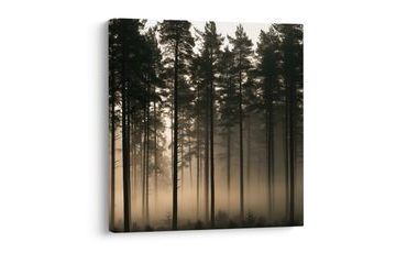 TABLEAU SUR TOILE – SILHOUETTES D’ARBRES DANS UNE LÉGÈRE BRUME - TABLEAUX FORÊT - TABLEAUX