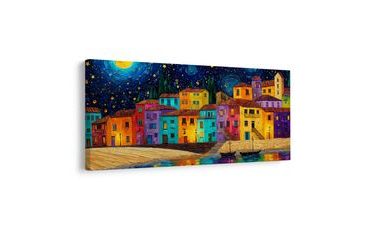 OBRAZ ZÁŘÍCÍ HVĚZDNÁ OBLOHA - BAREVNÉ DOMY - OBRAZY