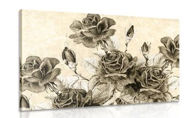 OBRAZ VINTAGE KYTICE RŮŽÍ V SÉPIOVÉM PROVEDENÍ - ČERNOBÍLÉ OBRAZY - OBRAZY
