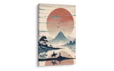 WANDBILD SAMURAI UND BERGE - BILDER VON SONNENAUFGANG UND SONNENUNTERGANG - BILDER