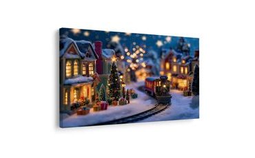 OBRAZ VÁNOČNÍ VESNIČKA S VLÁČKEM - VÁNOČNÍ A ZIMNÍ OBRAZY - OBRAZY