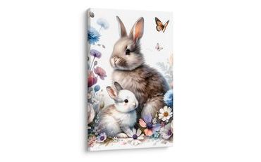 TABLEAU SUR TOILE – ADORABLES LAPINS PARMI LES FLEURS - TABLEAUX D'ANIMAUX POUR ENFANTS - TABLEAUX