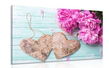 CANVAS PRINT PEONIES AND BIRCH HEARTS - VINTAGE AND RETRO PICTURES - PICTURES