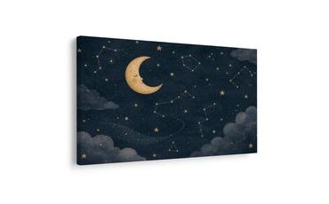 TABLEAU SUR TOILE – LUNE DORÉE PARMI LES ÉTOILES - TABLEAUX D'ENFANTS ESPACE - TABLEAUX