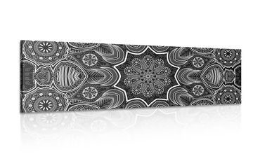 OBRAZ INDICKÁ MANDALA S KVETINOVÝM VZOROM V ČIERNOBIELOM PREVEDENÍ - ČIERNOBIELE OBRAZY - OBRAZY