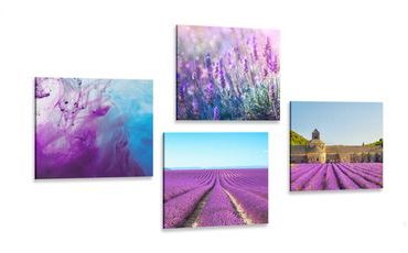 Canvas print set lavender fields with purple abstraction