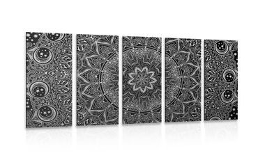 QUADRO IN 5 PARTI MANDALA ORIENTALE IN BIANCO E NERO - QUADRI BIANCO E NERO - QUADRI