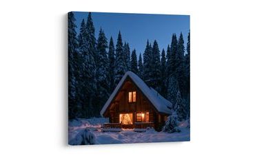 TABLEAU SUR TOILE – CHALET EN RONDINS FÉERIQUE LA NUIT - TABLEAUX DE NOËL ET D’HIVER - TABLEAUX