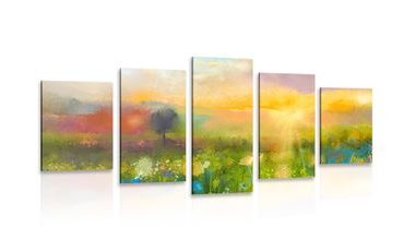 5-PIECE CANVAS PRINT OIL PAINTING OF MEADOW FLOWERS - PICTURES OF NATURE AND LANDSCAPE - PICTURES