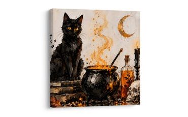 QUADRO SU TELA – GATTO MISTERIOSO ACCANTO AL CALDERONE - QUADRI HALLOWEEN E HORROR - STAMPE E QUADRI