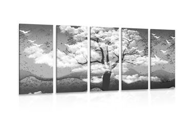 5-PIECE CANVAS PRINT BLACK AND WHITE TREE COVERED IN CLOUDS - BLACK AND WHITE PICTURES - PICTURES