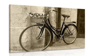 CANVAS PRINT RUSTIC BICYCLE IN SEPIA DESIGN - BLACK AND WHITE PICTURES - PICTURES