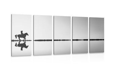 5-PIECE CANVAS PRINT RIDER ON A HORSE IN BLACK AND WHITE - BLACK AND WHITE PICTURES - PICTURES
