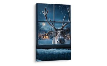 VÁNOČNÍ OBRAZ ROZTOMILÝ SOB ZA ZASNĚŽENÝM OKNEM - VÁNOČNÍ A ZIMNÍ OBRAZY - PICTURES