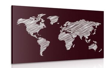 CANVAS PRINT HATCHED MAP OF THE WORLD ON A BURGUNDY BACKGROUND - PICTURES OF MAPS - PICTURES