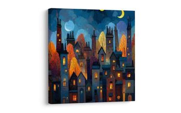 OBRAZ ZIMNÍ POHÁDKOVÉ MĚSTO - BAREVNÉ DOMY - OBRAZY