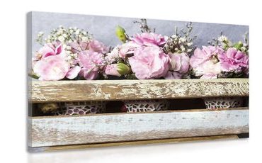 WANDBILD BLUMEN IN EINER HOLZKISTE OHNE HERZ - VINTAGE- UND RETRO-BILDER - BILDER