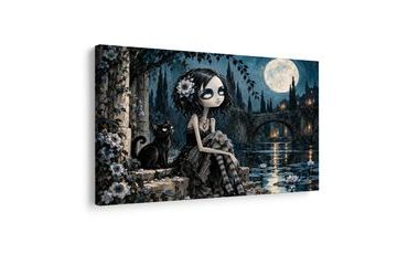 QUADRO SU TELA – RAGAZZA GOTICA CON GATTO NERO - QUADRI HALLOWEEN E HORROR - STAMPE E QUADRI