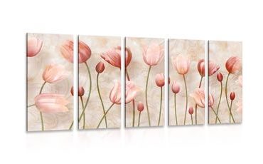 5-PIECE CANVAS PRINT OLD PINK TULIPS - PICTURES FLOWERS - PICTURES