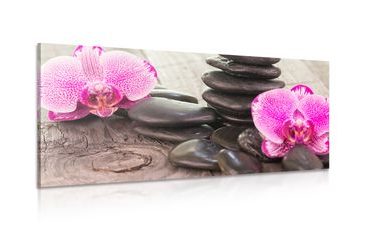 WANDBILD ORCHIDEE UND ZEN-STEINE AUF HÖLZERNEM HINTERGRUND - BILDER MIT FENG SHUI-MOTIVEN - BILDER