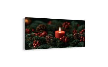 TABLEAU SUR TOILE – BOUGIE ROUGE AU HOUX - TABLEAUX DE NOËL ET D’HIVER - TABLEAUX