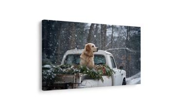 OBRAZ VÁNOČNÍ PES NA ZASNĚŽENÉ KORBĚ - VÁNOČNÍ A ZIMNÍ OBRAZY - OBRAZY