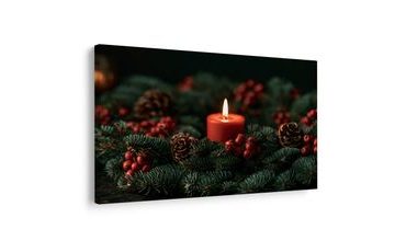 TABLEAU SUR TOILE – BOUGIE DE NOËL DANS LES BRANCHES DE SAPIN - TABLEAUX DE NOËL ET D’HIVER - TABLEAUX