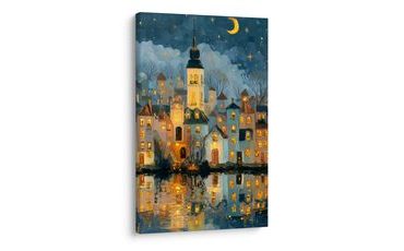 OBRAZ KOUZELNÁ ZIMNÍ NOC VE MĚSTĚ - BAREVNÉ DOMY - OBRAZY