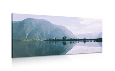 CANVAS PRINT PAINTED MOUNTAINS BY THE LAKE - PICTURES OF NATURE AND LANDSCAPE - PICTURES