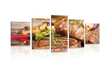 IMPRESSION SUR TOILE EN 5 PARTIES STEAK DE BOEUF GRILLÉ - IMPRESSIONS SUR TOILE NOURRITURE ET BOISSON - IMPRESSION SUR TOILE