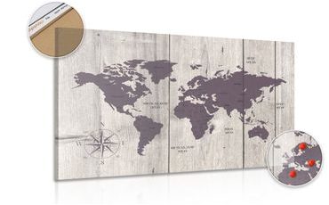 DECORATIVE PINBOARD BROWN MAP ON A WOODEN BACKGROUND - PICTURES ON CORK - PICTURES