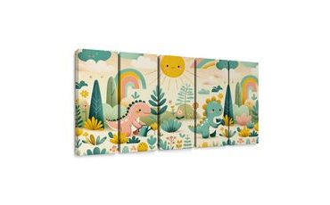 5-TEILIGES WANDBILD FRÖHLICHE DINOSAURIER IN REGENBOGENLANDSCHAFT - KINDERBILDER TIERE - BILDER