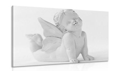 CANVAS PRINT BLACK AND WHITE CUTE STATUE OF AN ANGEL - BLACK AND WHITE PICTURES - PICTURES