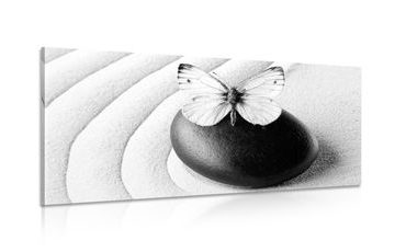 CANVAS PRINT ZEN STONE WITH A BUTTERFLY IN BLACK AND WHITE - BLACK AND WHITE PICTURES - PICTURES