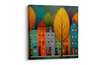 OBRAZ PODZIMNÍ ULICE S DOMY - BAREVNÉ DOMY - OBRAZY