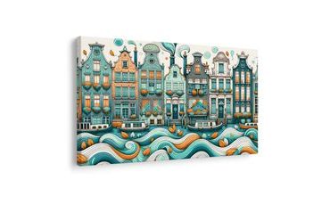 QUADRO SU TELA – CASE COLORATE LUNGO UN CANALE ONDULATO - QUADRI CITTÀ - STAMPE E QUADRI