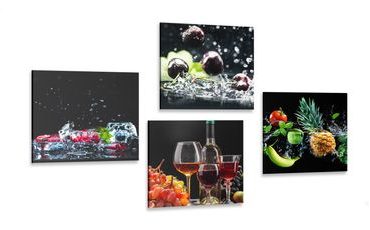 CANVAS PRINT SET WINE AND PIECES OF FRUIT ON A BLACK BACKGROUND - SET OF PICTURES - PICTURES